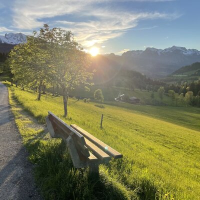 Sitzbank am Wegesrand mit Blick auf die Berglandschaft und das Tal in der Umgebung des Bauernhofs im Abendlicht.