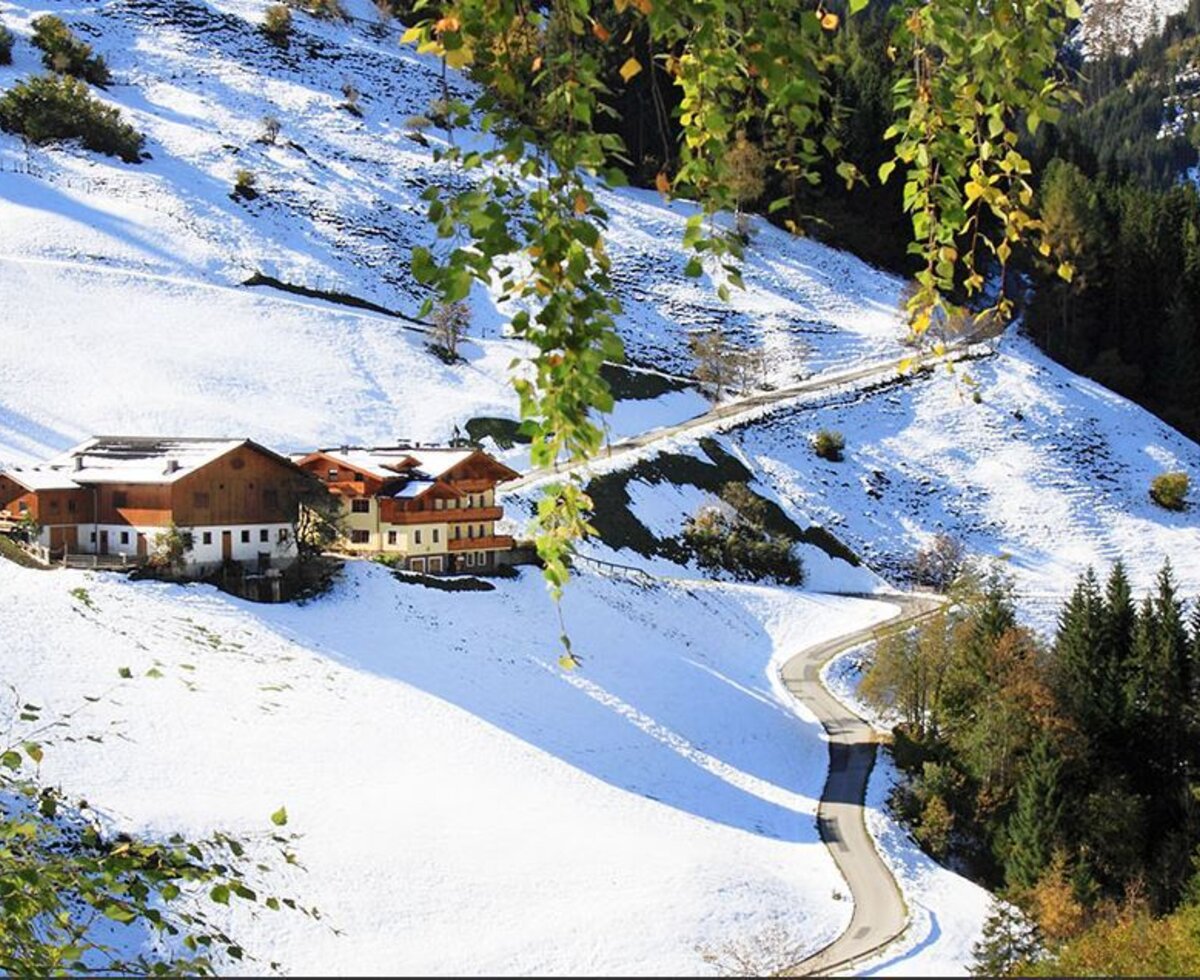 Der Bauernhof umgeben von schneebedeckten Hängen und einer Zufahrtsstraße.