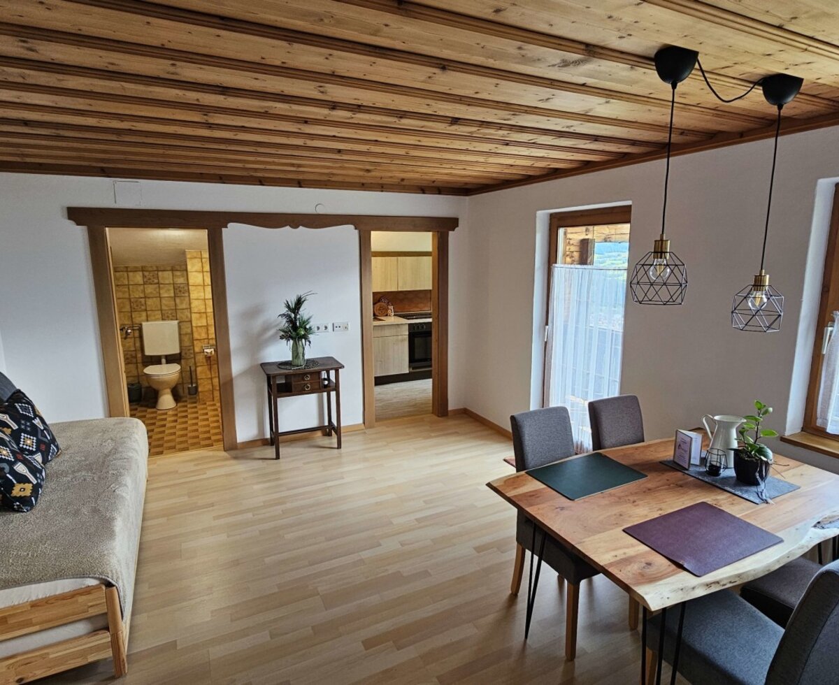 Apartment Talblick - Rundumblick im Wohnraum mit Zugang zu Bad und Küche