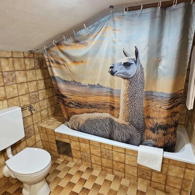 Apartment Waldblick - Bad in der Mansarde mit Wannen-/Duschkombination - auch hier darf das Lama nicht fehlen!