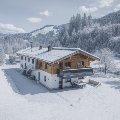 Der Bauernhof im Winter, mit schneebedeckten Bergen und Bäumen im Hintergrund, verfügt über einen Balkon und eine Terrasse mit Sitzgelegenheiten.