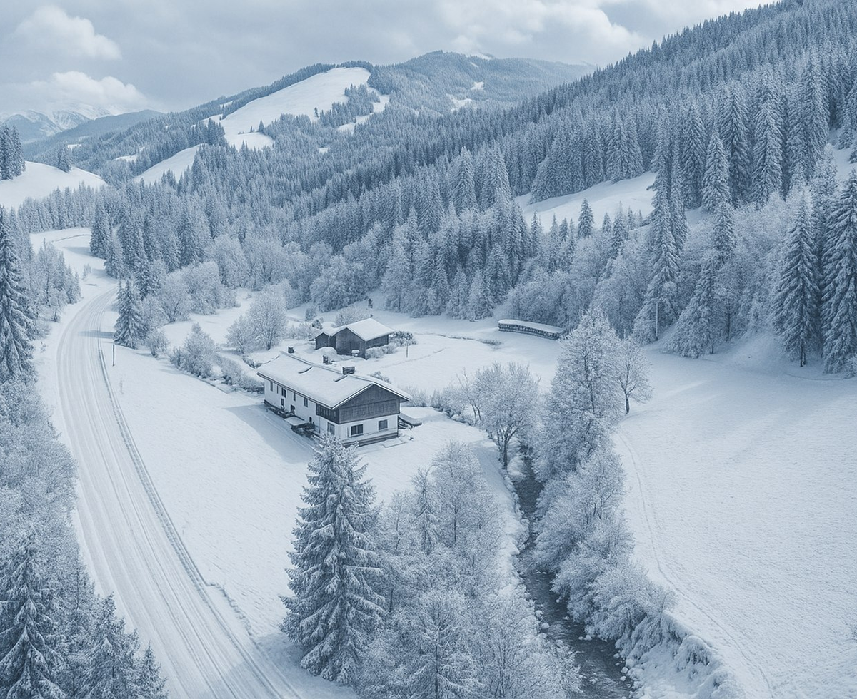 Der Bauernhof in einer verschneiten Berglandschaft mit Tannenbäumen, einer Straße und einem Bach.