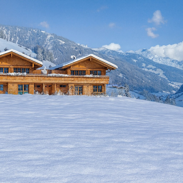 Unsere Chalets aus Holz in einer verschneiten Berglandschaft.