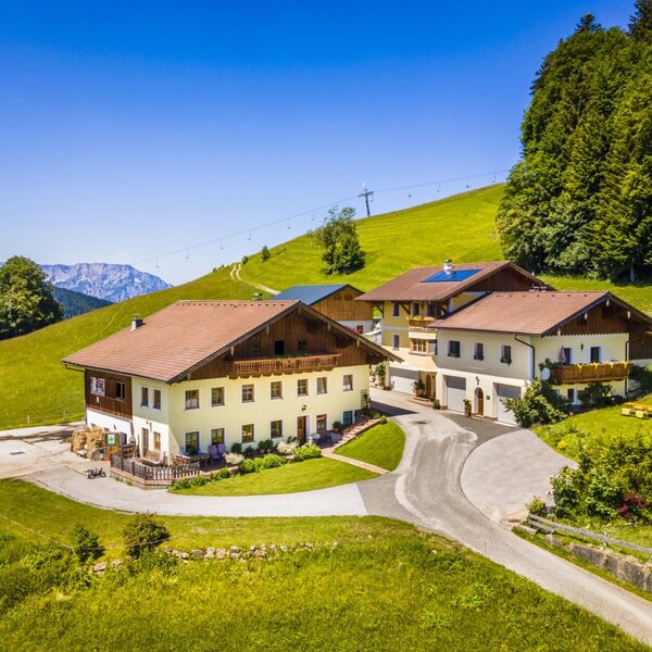 Der Bauernhof Reitlhof mit seinen Gebäuden, gelegen auf einem grünen Hang mit Blick auf die umliegenden Berge.