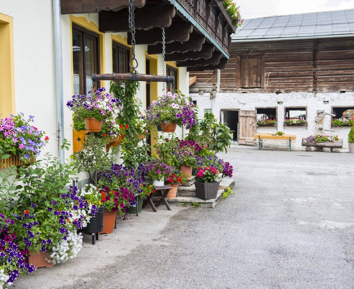 Außenansicht des Bauernhofs, geschmückt mit zahlreichen Blumen in Töpfen und Hängekörben, mit einem traditionellen Holzbalkon und einem gepflasterten Hof.