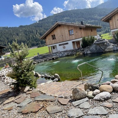Naturbadeteich des Bauernhofs mit Einstiegsleiter und steinumrandetem Ufer vor einer Bergkulisse.