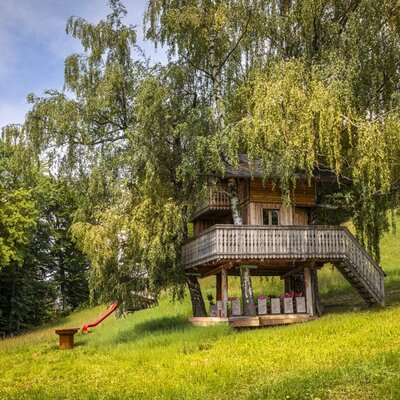 Das charmante Baumhaus des Bauernhofs auf einer sonnigen Wiese mit einer roten Rutsche für Kinder.