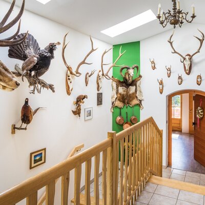 Das Treppenhaus des Bauernhofs präsentiert eine Sammlung von Jagdtrophäen und eine Holztreppe.
