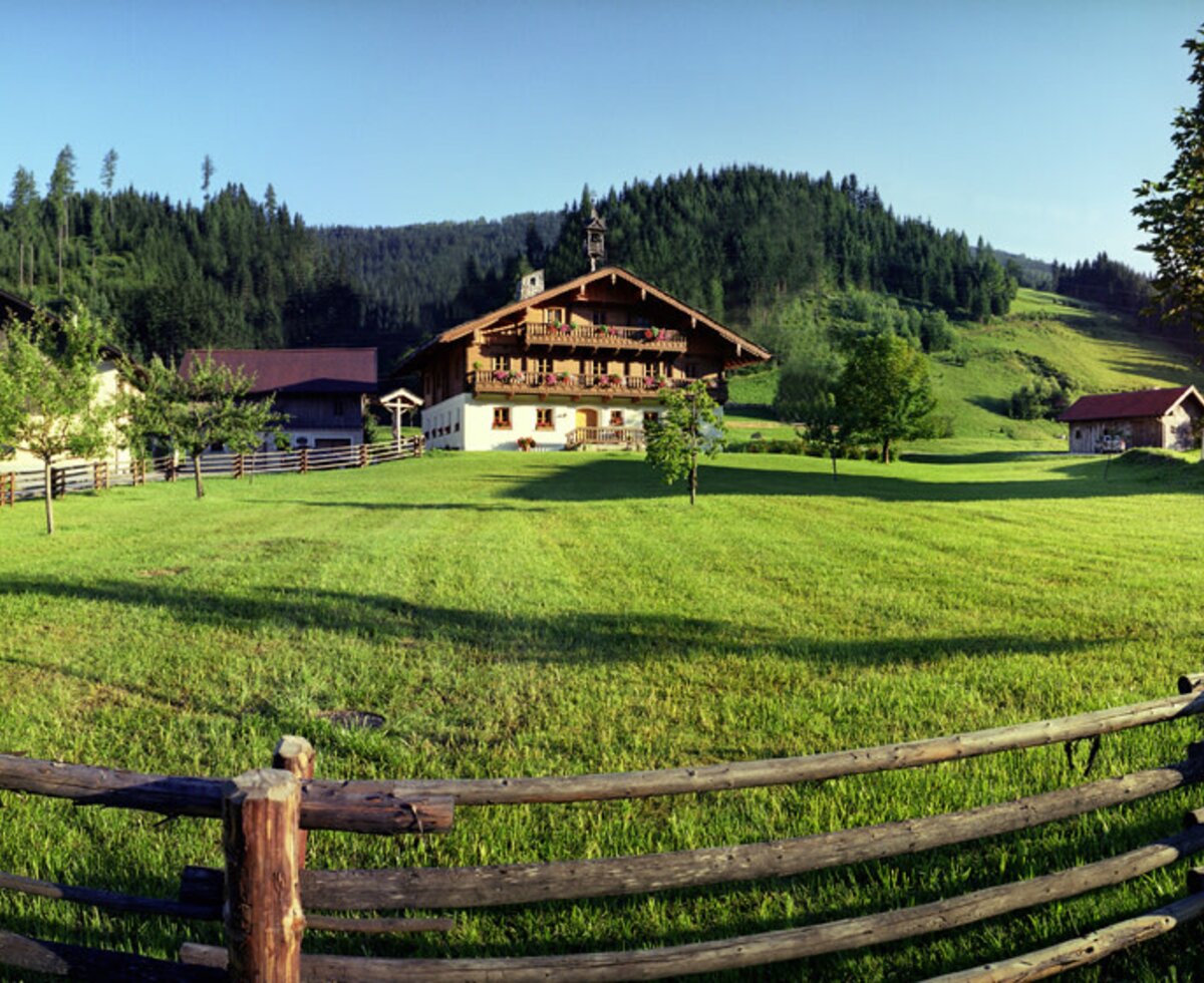 Der Bauernhof mit mehreren Gebäuden, umgeben von grünen Wiesen, Holzzäunen und bewaldeten Hügeln.