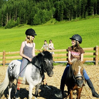 Ponyreiten für Kinder auf dem Bauernhof, mit einer grünen Wiese und Bäumen im Hintergrund.