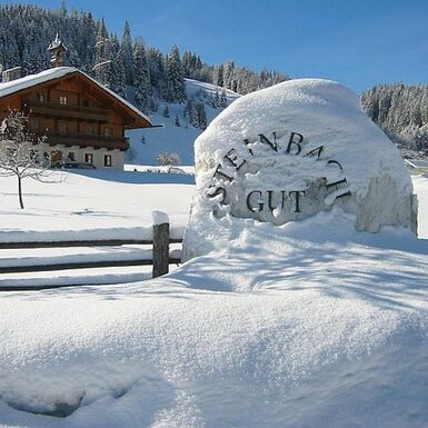 Winteransicht des Bauernhofs mit schneebedecktem Eingangsschild "STEINBACH GUT" und traditionellem Holzgebäude.