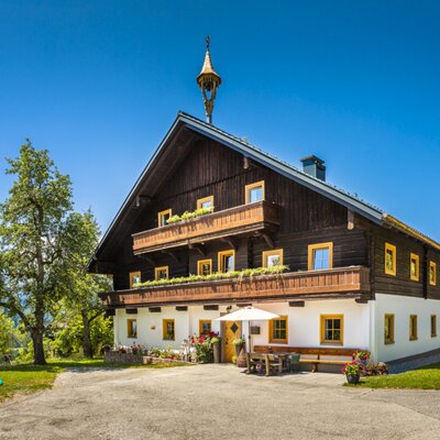 Außenansicht des Bio-Bauernhofs Steinerhof mit traditioneller Holzfassade, Balkonen, einem Sitzbereich im Freien und umgebenden Wiesen mit Bergblick.