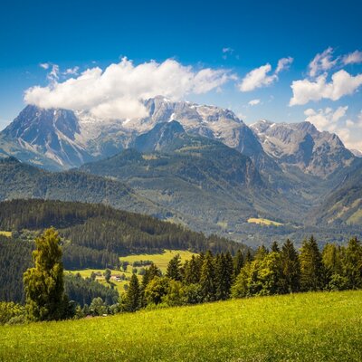 Blick auf die umliegende Berglandschaft mit grünen Wiesen, bewaldeten Hängen und hohen Gipfeln vom Bauernhof aus.