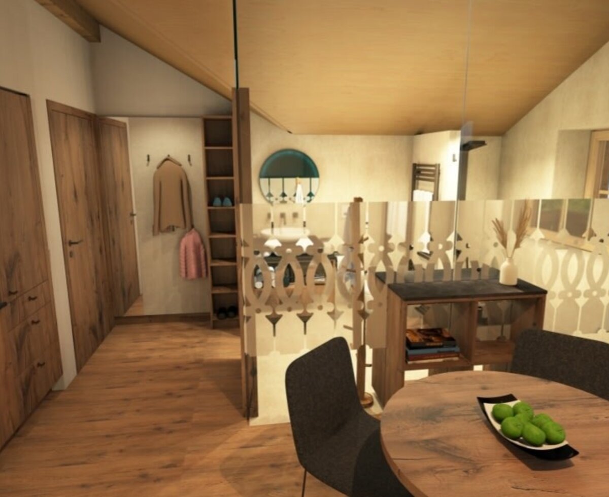 Ein moderner, gemütlicher Wohnbereich des Bauernhofs mit stilvollen Holzmöbeln und einem offen gestalteten Grundriss.