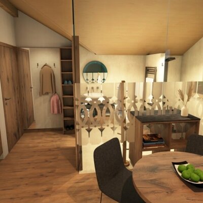 Ein moderner, gemütlicher Wohnbereich des Bauernhofs mit stilvollen Holzmöbeln und einem offen gestalteten Grundriss.