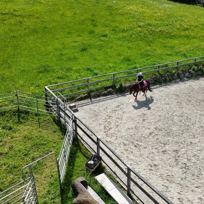 Der gepflegte Reitplatz des Bauernhofs, umgeben von saftig grünen Wiesen.