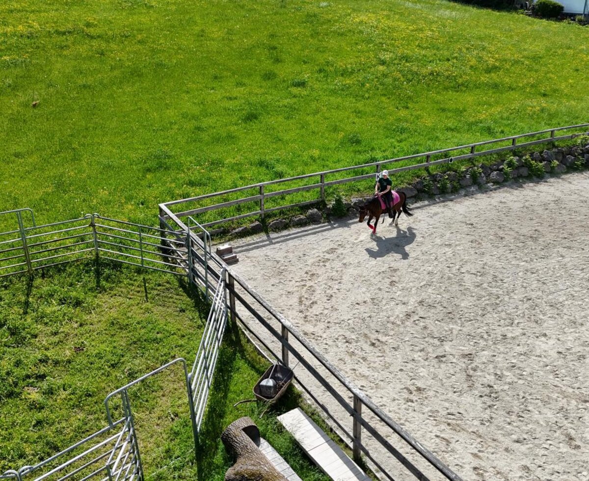 Der gepflegte Reitplatz des Bauernhofs, umgeben von saftig grünen Wiesen.