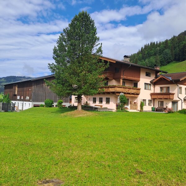 Außenansicht des Vierthalerhofs mit Balkonen, einer großen Rasenfläche und angrenzender Scheune vor einer Bergkulisse.