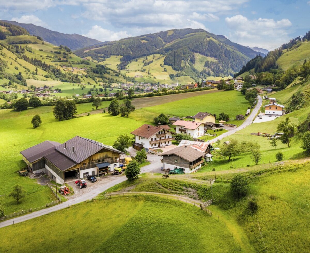 Die idyllische Lage der Ferienwohnung, eingebettet in ein grünes Bergtal mit saftigen Wiesen.