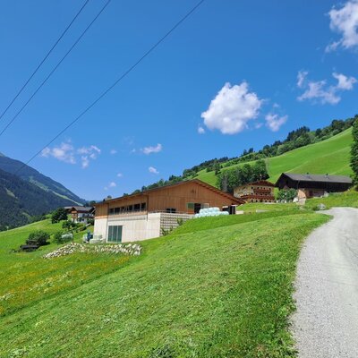 Außenansicht des Bauernhofs mit seinen Gebäuden, umgeben von grünen Wiesen und Bergen, sowie einem Schotterweg.