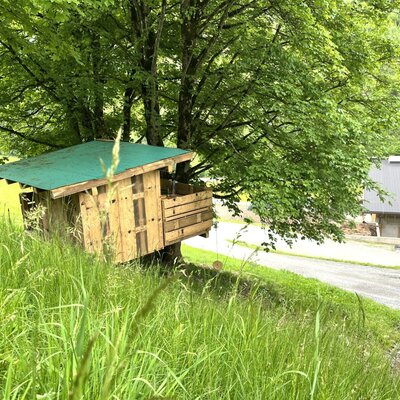 Das Holzspielhaus unter einem Baum auf dem Bauernhof.