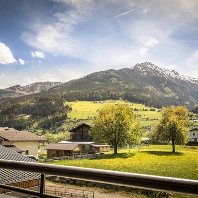 Blick vom Balkon der Ferienwohnung auf die Berglandschaft mit Tal, Wiesen und umliegenden Häusern.