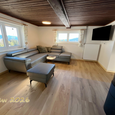 Gemütliche Stube mit Kaminofen, Flachbildfernseher und Blick auf den Brunnen.