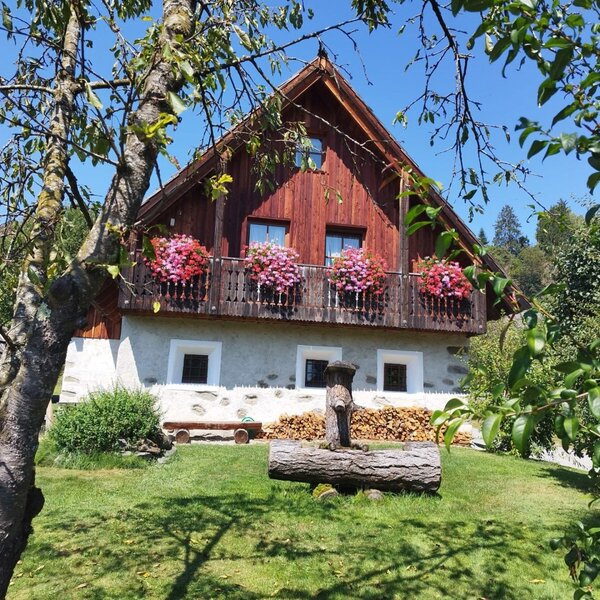Der einladende Bauernhof mit blumengeschmücktem Balkon und einer grünen Liegewiese mit rustikalem Holzbrunnen.
