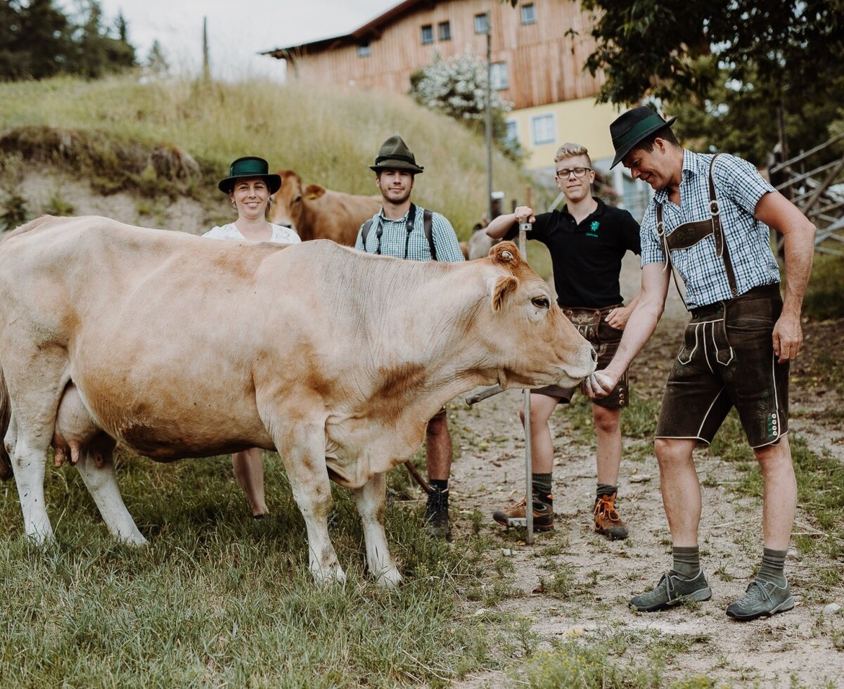 Die Bauernhoffamilie füttert eine Kuh, mit weiteren Tieren und dem Bauernhaus im Hintergrund.