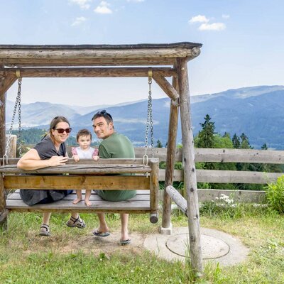 Eine selbstgebaute Holzschaukel mit herrlichem Blick in das obere Mürztal bis zum Semmering.