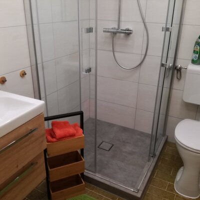 Das Badezimmer im Hof verfügt über eine Duschkabine, ein WC und einen Waschtisch mit Holzunterschrank.
