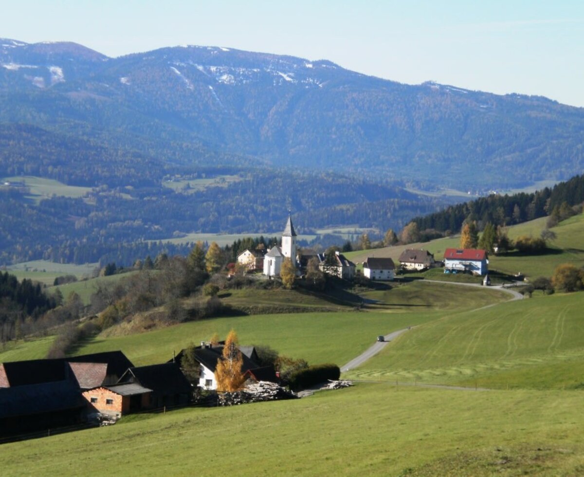 Lage des Bauernhofs inmitten grüner Felder, eines Dorfes und Berglandschaft.