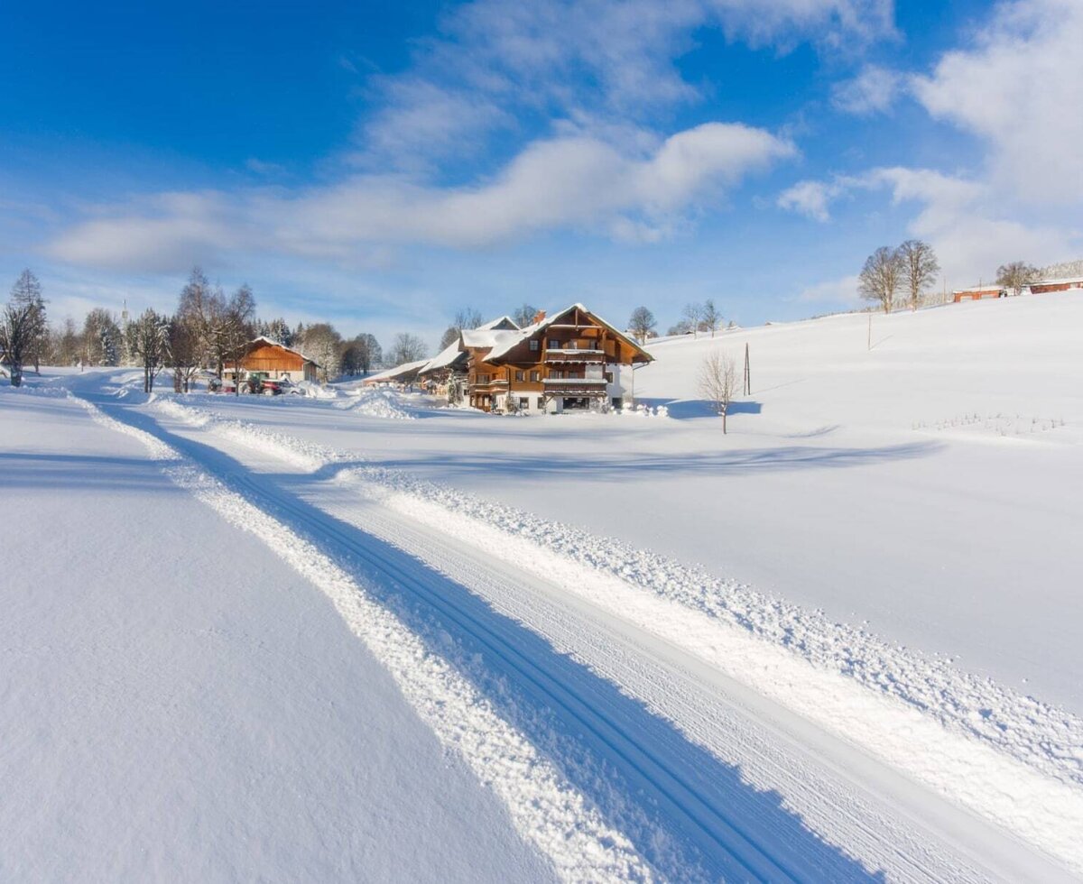 Der einladende Bauernhof inmitten einer idyllisch verschneiten Winterlandschaft unter blauem Himmel.