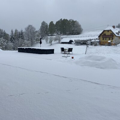 Der verschneite Außenbereich des Bauernhofs mit gelben Bauernhaus und Sitzgelegenheiten
