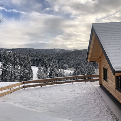 Das Blockhaus des Bauernhofs inmitten einer verschneiten Winterlandschaft mit angrenzendem Wald.