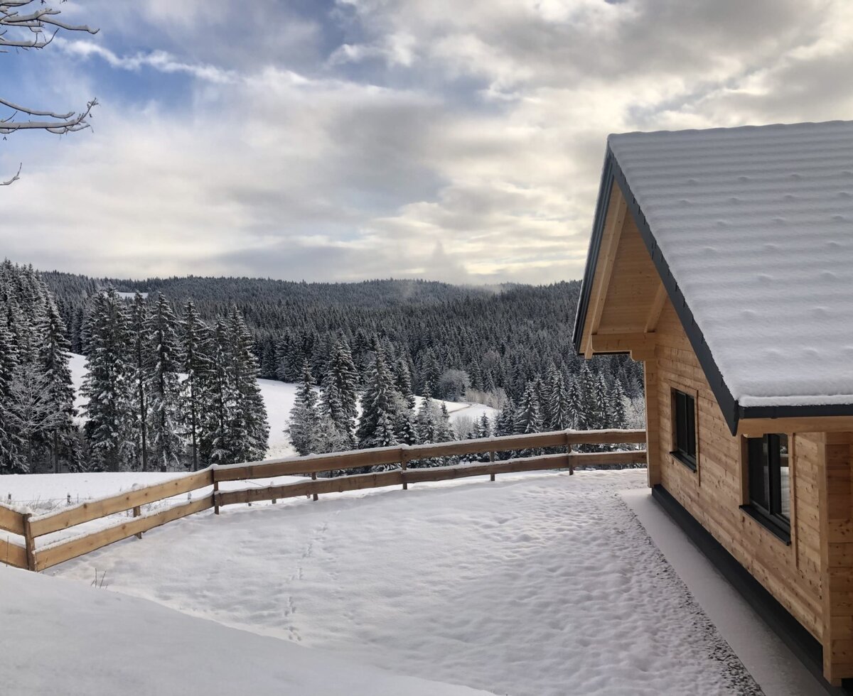Das Blockhaus des Bauernhofs inmitten einer verschneiten Winterlandschaft mit angrenzendem Wald.