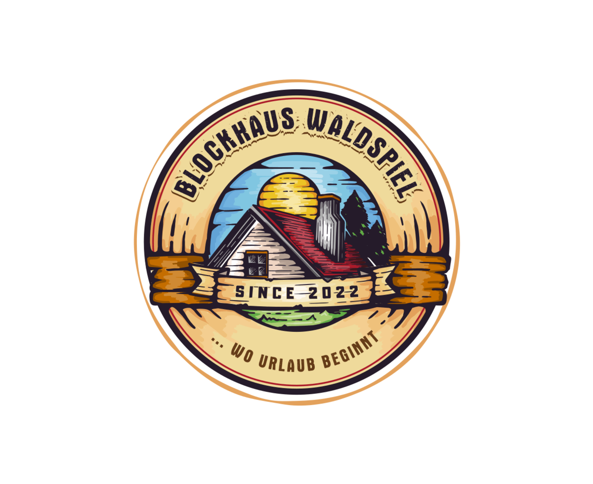 Das offizielle Logo des Blockhauses Waldspiel, gegründet im Jahr 2022, zeigt ein Blockhaus inmitten der Natur.