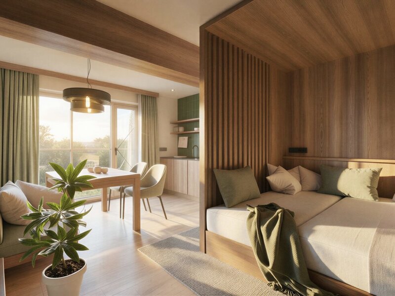 Appartement Adelheid mit offenem Wohn- und Schlafbereich im Bauernhof mit Vollholzmöbeln, integriertem Bett, Essbereich, Küchenzeile und TV.