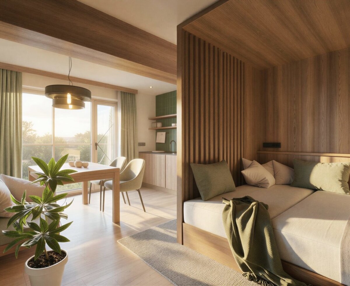 Appartement Adelheid mit offenem Wohn- und Schlafbereich im Bauernhof mit Vollholzmöbeln, integriertem Bett, Essbereich, Küchenzeile und TV.