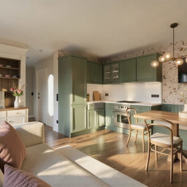 Appartement Lara im Bauernhaus mit voll ausgestatteter Küche, Essbereich mit Holztisch und Sitzbank sowie einem Sofa und Fernseher.