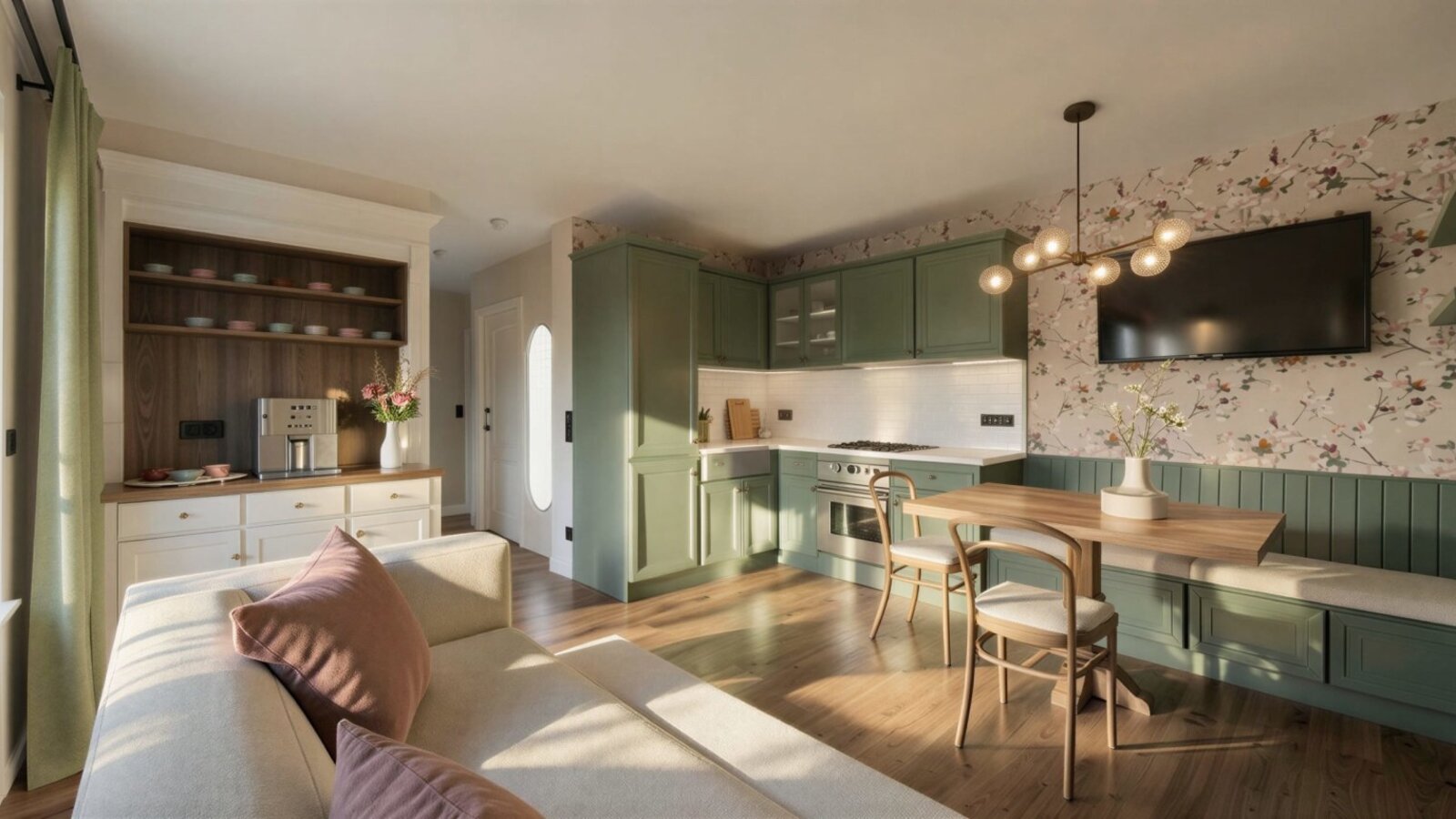 Appartement Lara im Bauernhaus mit voll ausgestatteter Küche, Essbereich mit Holztisch und Sitzbank sowie einem Sofa und Fernseher.