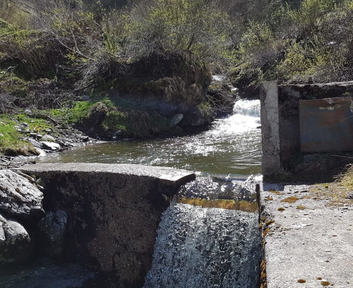 Ein Bach mit einem kleinen Wehr in der natürlichen Umgebung des Bauernhofs.