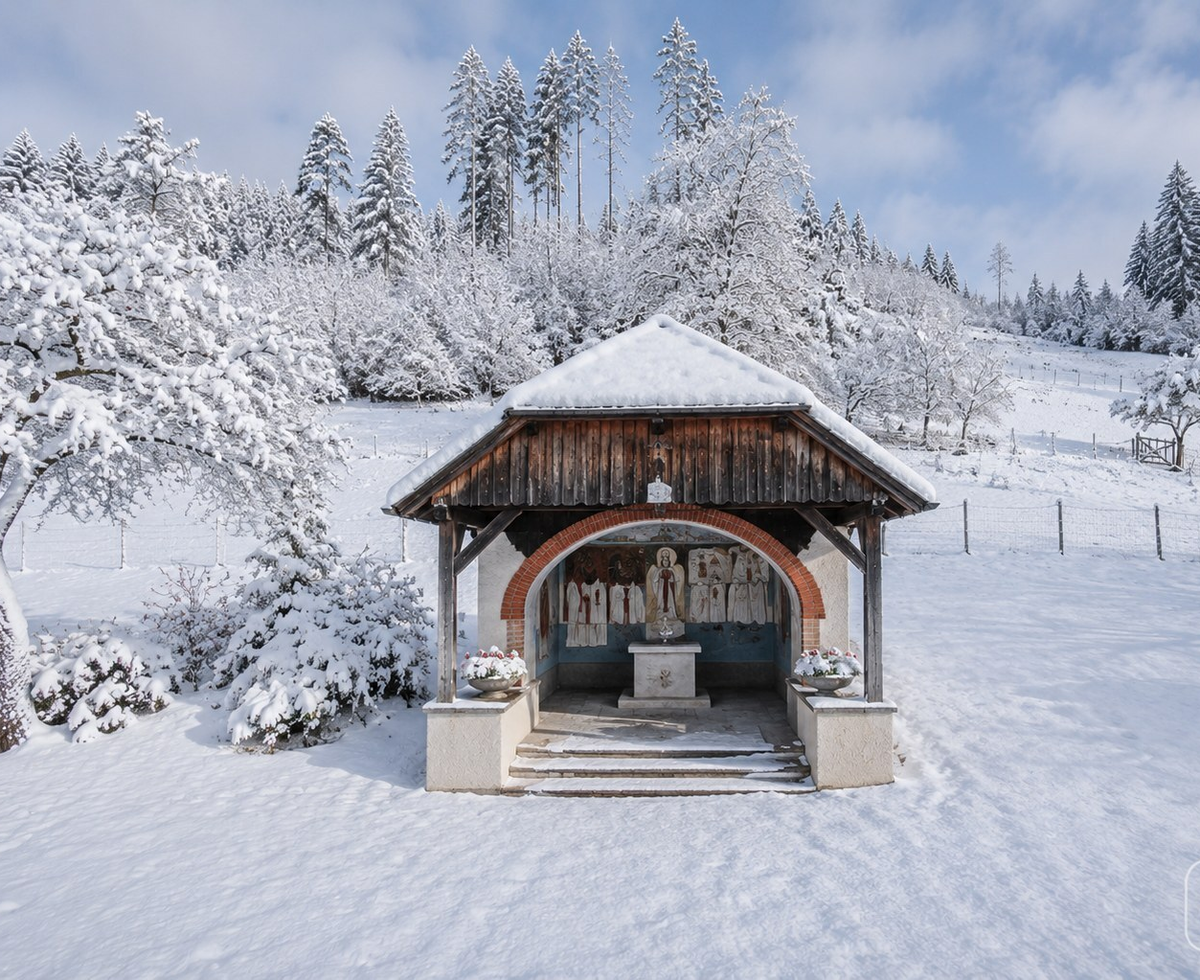 Eine malerische, schneebedeckte Kapelle auf dem Gelände des Bauernhofs inmitten einer idyllischen Winterlandschaft.