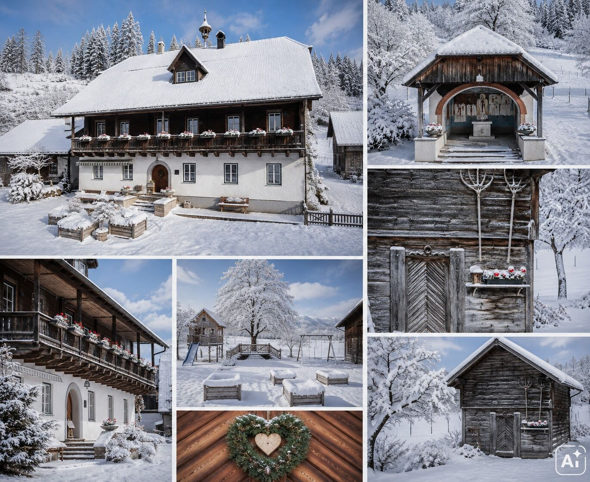 Ein idyllischer Bauernhof in einer tief verschneiten Winterlandschaft mit traditionellem Haupthaus und urigen Holzstadeln.