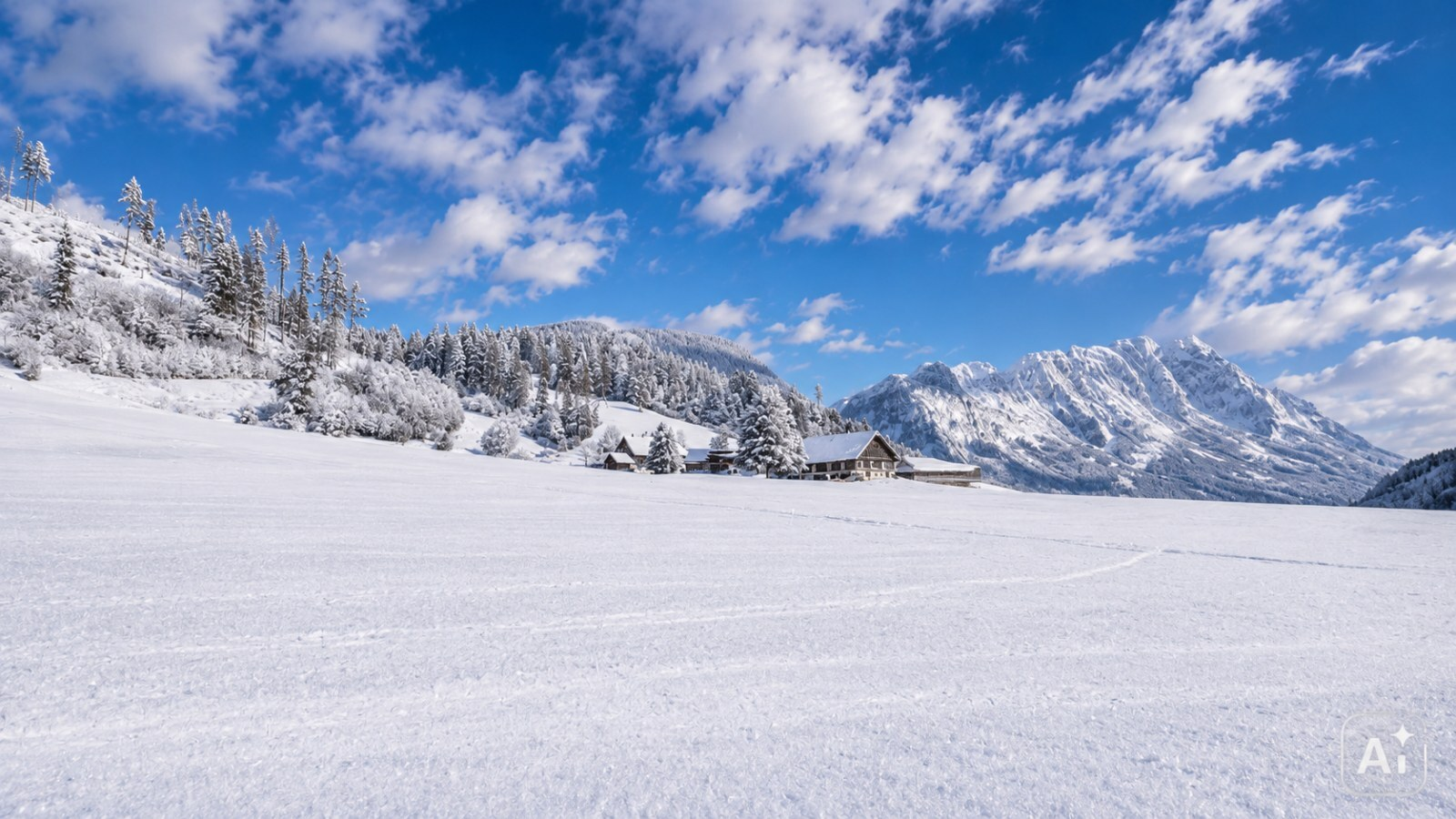 Der charmante Bauernhof eingebettet in eine verschneite Winterlandschaft mit weitem Blick auf die umliegenden Berge.