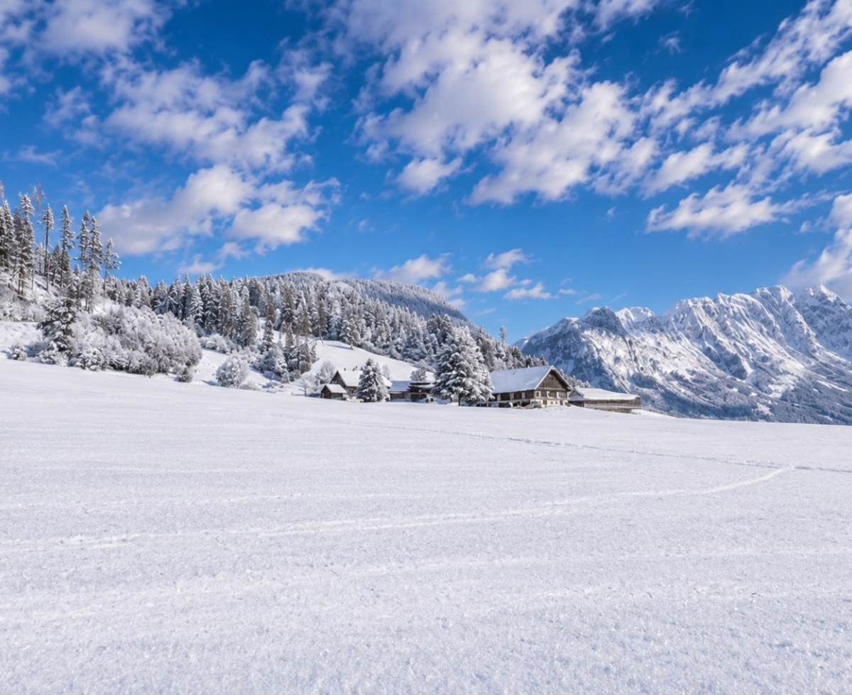 Der charmante Bauernhof eingebettet in eine verschneite Winterlandschaft mit weitem Blick auf die umliegenden Berge.