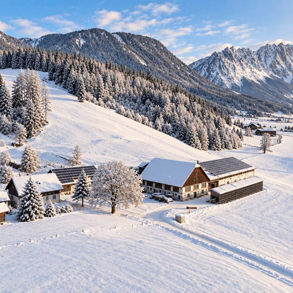 Der idyllische Bauernhof eingebettet in eine verschneite Winterlandschaft mit Blick auf die umliegenden Berge.