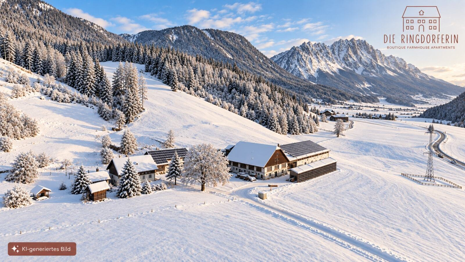 Der idyllische Bauernhof eingebettet in eine verschneite Winterlandschaft mit Blick auf die umliegenden Berge.