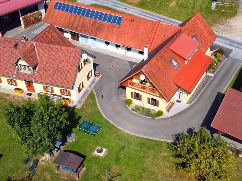 Luftaufnahme des Bauernhofs mit Gästegebäuden, weitläufiger Grünfläche, Tischtennisplatte und Carport.