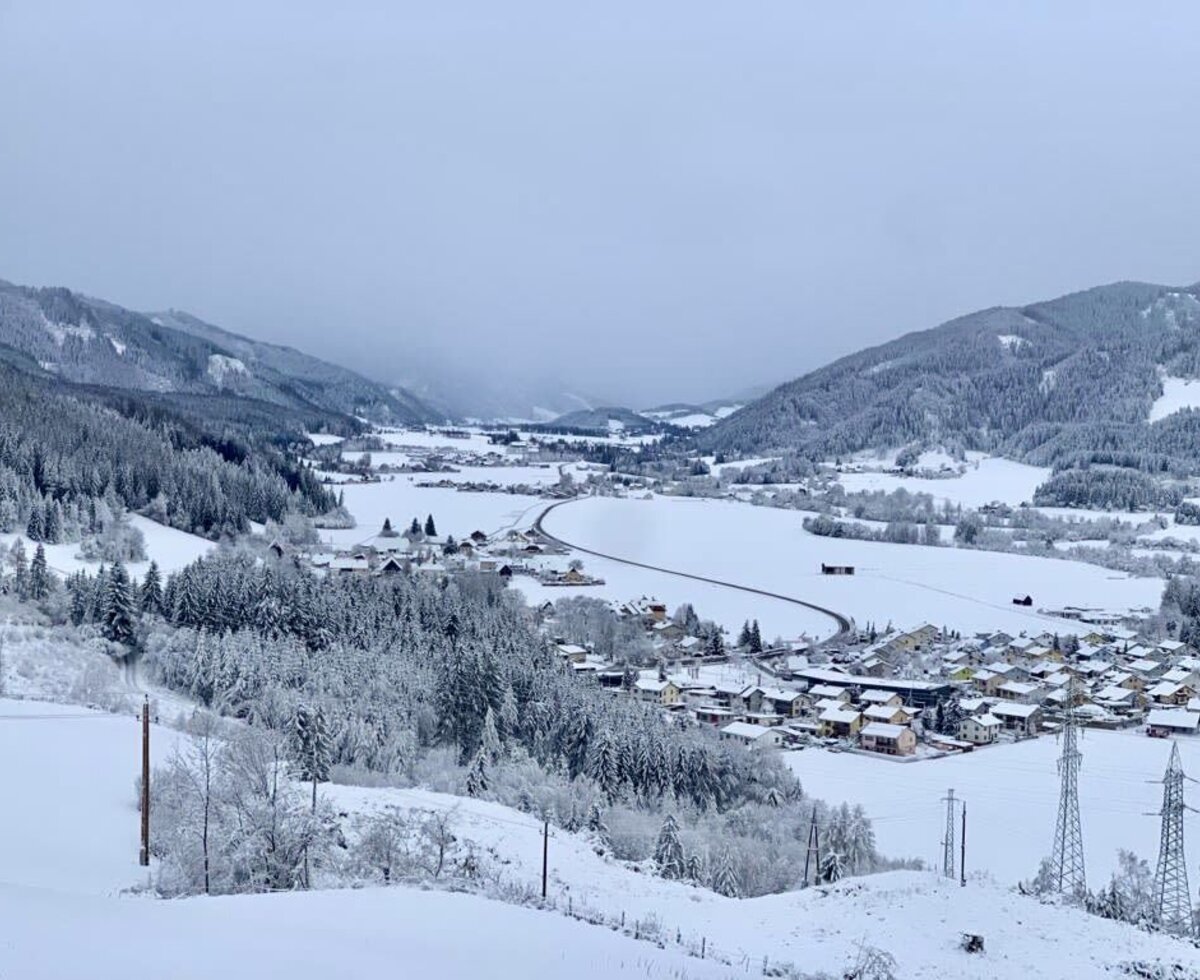 Ausblick vom Bauernhof auf das verschneite Pölstal mit Bergen, Wäldern und einem Dorf.